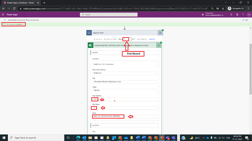 Update A row in an Excel Table Onedrive in Power Automate